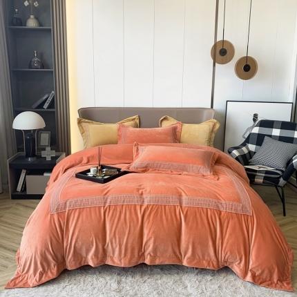 91家纺网 家纺一手货源 找家纺 淼铭家纺 新款A类婴肤绒水溶花边牛奶绒四件套-雅-爱马橙