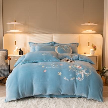宅家居 2023新款蒂娜系列加厚牛奶绒刺绣四件套 蒂娜-蓝色