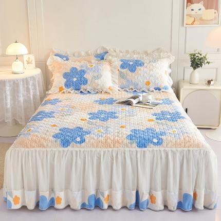 宜凡 2022新款A类牛奶绒印花床裙三件套 蓝花情调