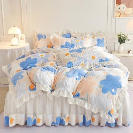 宜凡2022新款A类牛奶绒印花床裙四件套 蓝花情调