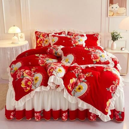 宜凡2022新款A类牛奶绒印花床裙四件套 蜜糖甜心