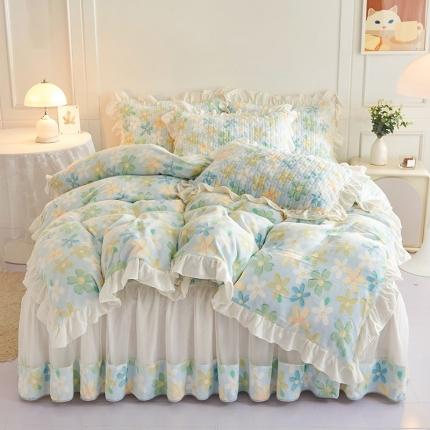 91家纺网 家纺一手货源 找家纺 宜凡2022新款A类牛奶绒印花床裙四件套 萱花小园