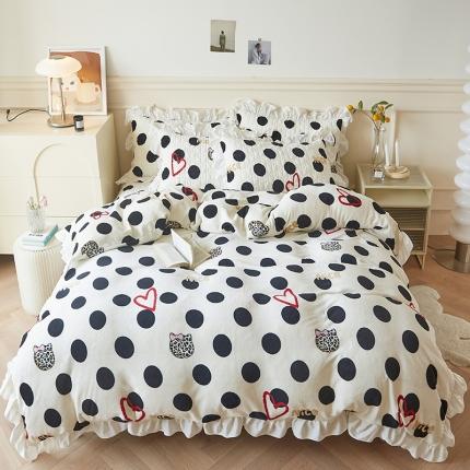 宜凡  2022新款牛奶绒A类印花床笠四件套 黑白波点