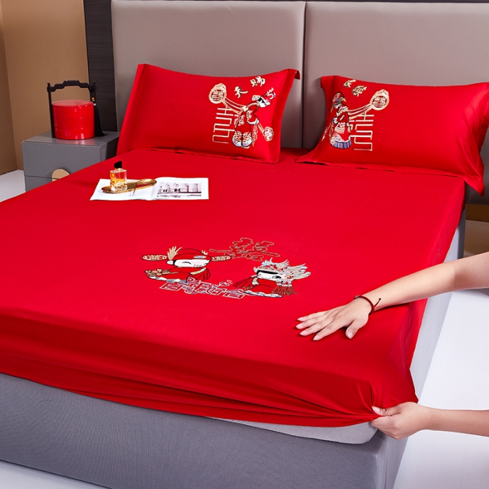 91家纺网 家纺一手货源 找家纺 （总）2025新款新疆长绒棉刺绣婚庆床笠三件套