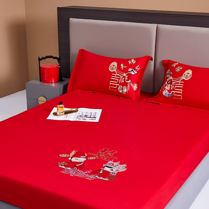 91家纺网 家纺一手货源 找家纺 （总）2025新款新疆长绒棉刺绣婚庆床笠三件套