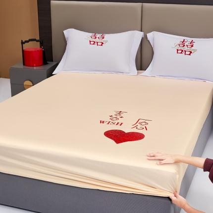 2025新款新疆长绒棉刺绣婚庆床笠三件套 喜愿-米黄