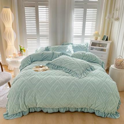 91家纺网 家纺一手货源 找家纺 仟网汇 新款艾格绵羊绒+牛奶绒韩式四件套 艾格-天晴蓝