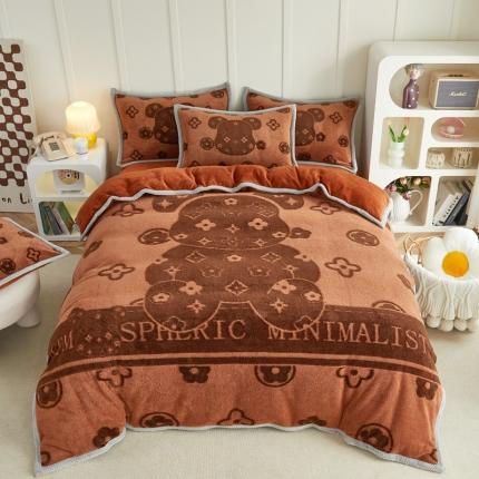 91家纺网 家纺一手货源 找家纺 丝羽坊 2022新款獭兔绒大版提花四件套 快乐熊咖色