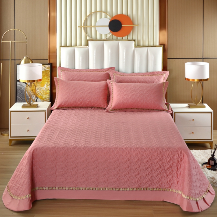 91家纺网 家纺一手货源 找家纺 OL家纺 2022新款纯色全棉夹棉床盖单件三件套 豆沙