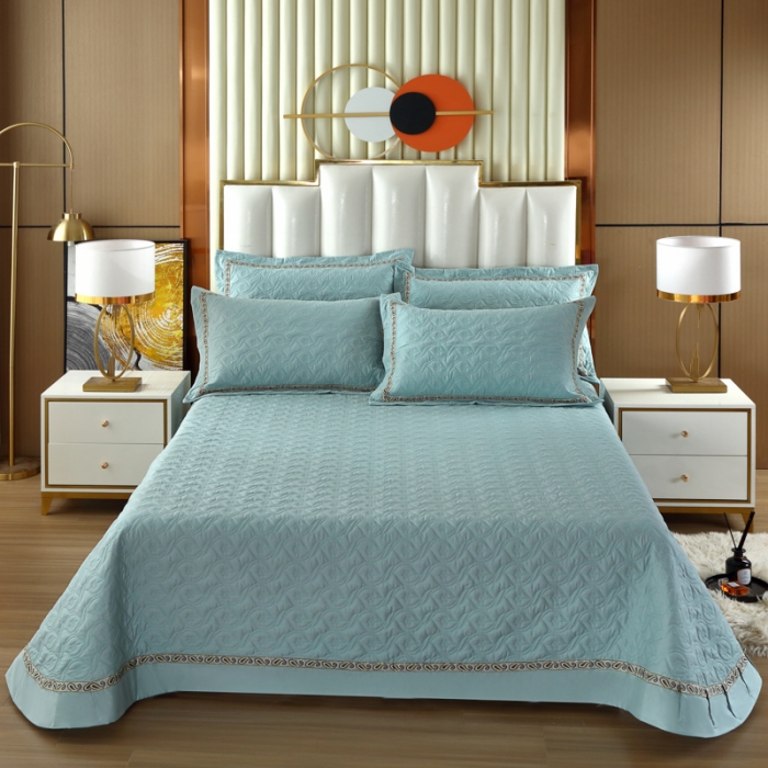 91家纺网 家纺一手货源 找家纺 OL家纺 2022新款纯色全棉夹棉床盖单件三件套 湖兰