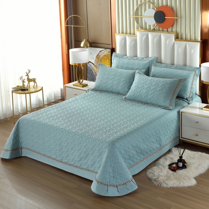 91家纺网 家纺一手货源 找家纺 OL家纺 2022新款纯色全棉夹棉床盖单件三件套 湖兰