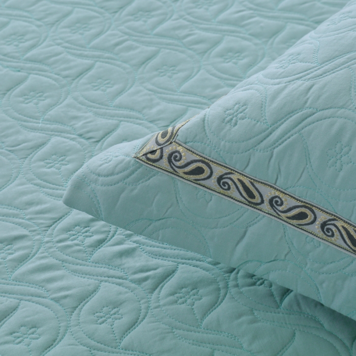 91家纺网 家纺一手货源 找家纺 OL家纺 2022新款纯色全棉夹棉床盖单件三件套 湖兰