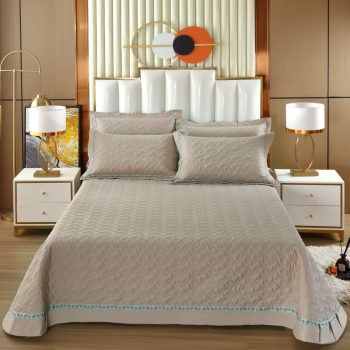 91家纺网 家纺一手货源 找家纺 OL家纺 2022新款纯色全棉夹棉床盖单件三件套 卡其