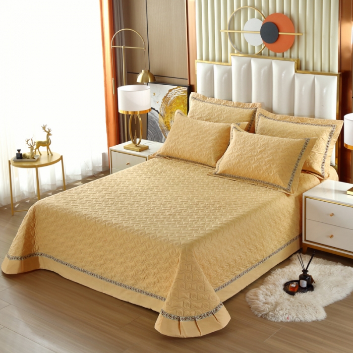 91家纺网 家纺一手货源 找家纺 OL家纺 2022新款纯色全棉夹棉床盖单件三件套 亮黄