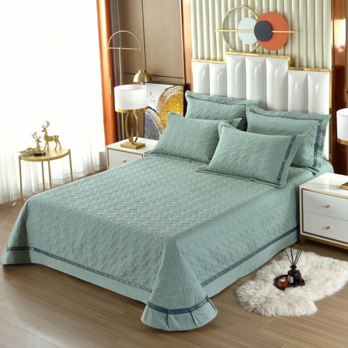 91家纺网 家纺一手货源 找家纺 OL家纺 2022新款纯色全棉夹棉床盖单件三件套 浅绿