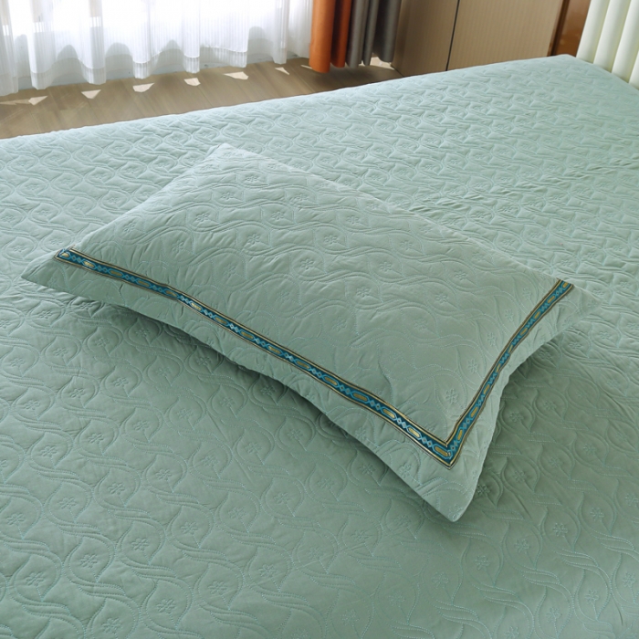 91家纺网 家纺一手货源 找家纺 OL家纺 2022新款纯色全棉夹棉床盖单件三件套 浅绿