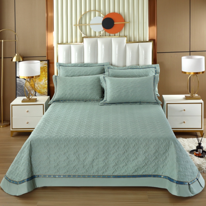 91家纺网 家纺一手货源 找家纺 OL家纺 2022新款纯色全棉夹棉床盖单件三件套 浅绿