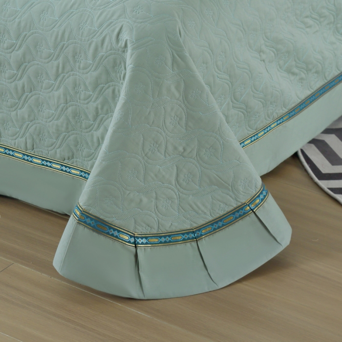 91家纺网 家纺一手货源 找家纺 OL家纺 2022新款纯色全棉夹棉床盖单件三件套 浅绿