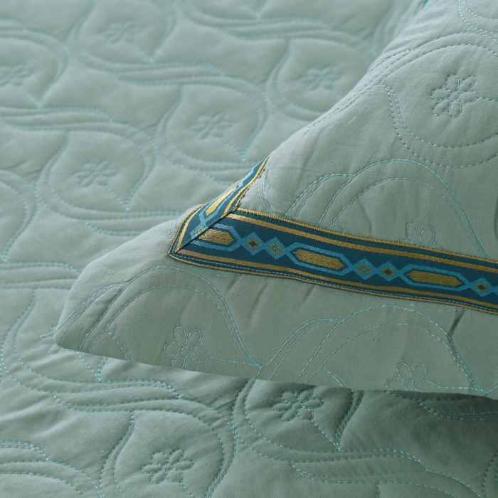 91家纺网 家纺一手货源 找家纺 OL家纺 2022新款纯色全棉夹棉床盖单件三件套 浅绿