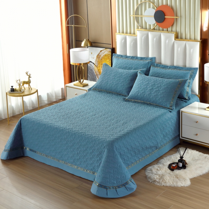 91家纺网 家纺一手货源 找家纺 OL家纺 2022新款纯色全棉夹棉床盖单件三件套 深蓝