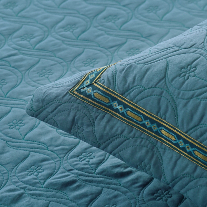 91家纺网 家纺一手货源 找家纺 OL家纺 2022新款纯色全棉夹棉床盖单件三件套 深蓝