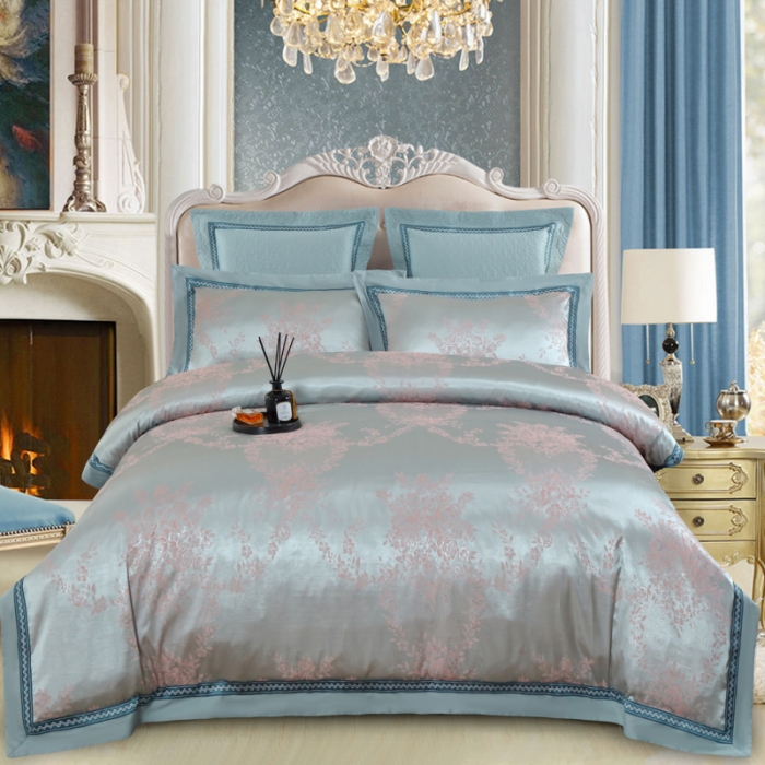 91家纺网 家纺一手货源 找家纺 OL家纺 新款色织欧式丝加棉大提花床裙夹棉四面围布四件套 淡雅如心-水绿