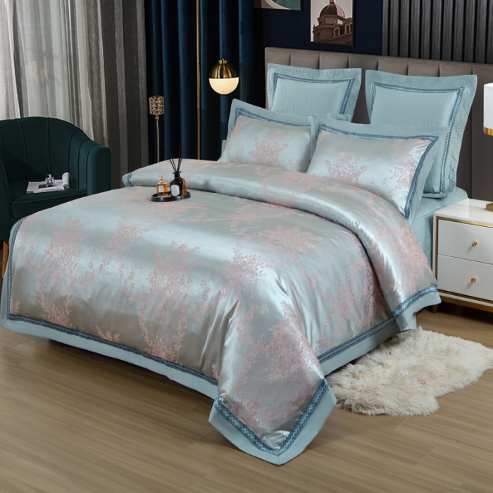 91家纺网 家纺一手货源 找家纺 OL家纺 新款色织欧式丝加棉大提花床裙夹棉四面围布四件套 淡雅如心-水绿