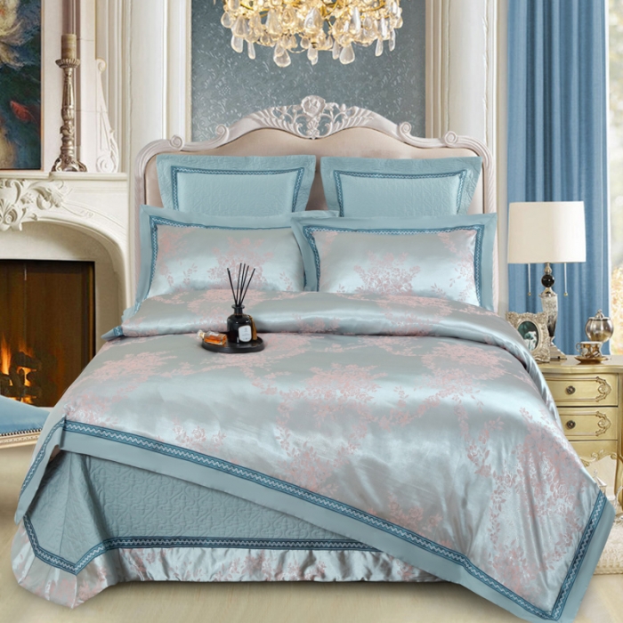 91家纺网 家纺一手货源 找家纺 OL家纺 新款色织欧式丝加棉大提花床裙夹棉四面围布四件套 淡雅如心-水绿