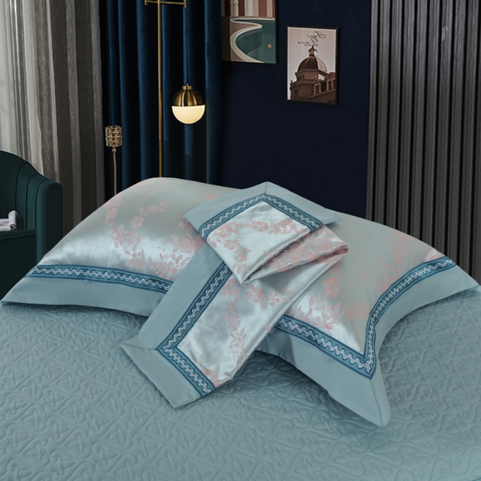 91家纺网 家纺一手货源 找家纺 OL家纺 新款色织欧式丝加棉大提花床裙夹棉四面围布四件套 淡雅如心-水绿