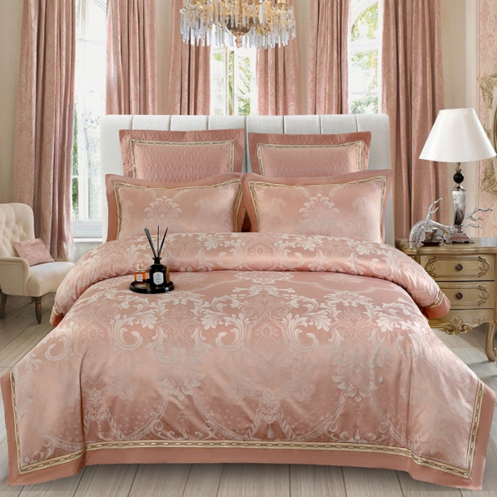 91家纺网 家纺一手货源 找家纺 OL家纺 新款色织欧式丝加棉大提花床裙夹棉四面围布四件套 繁华盛典-米驼