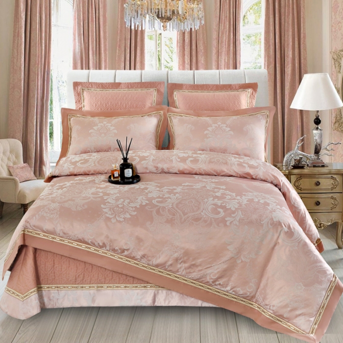 91家纺网 家纺一手货源 找家纺 OL家纺 新款色织欧式丝加棉大提花床裙夹棉四面围布四件套 繁华盛典-米驼