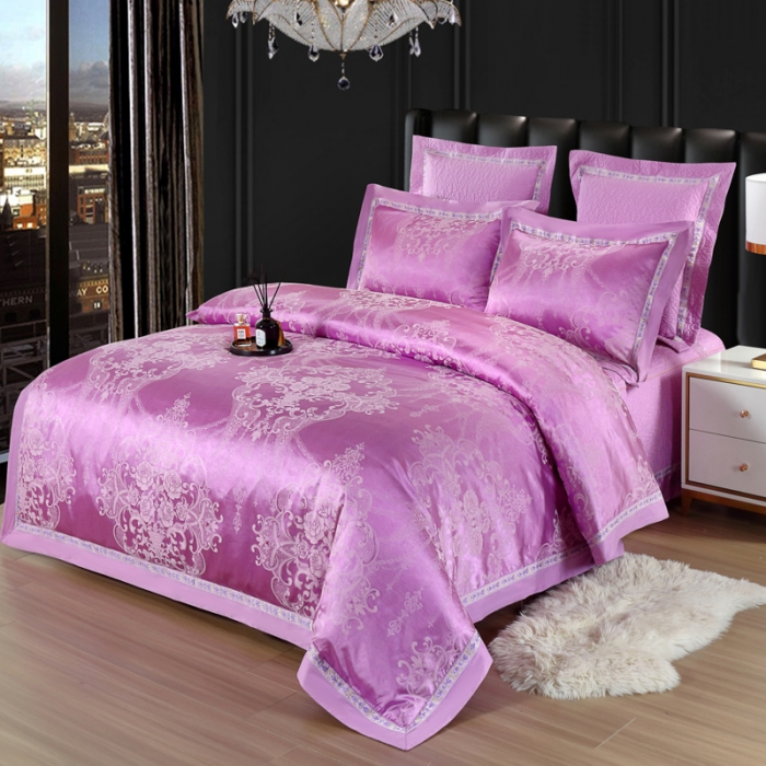 91家纺网 家纺一手货源 找家纺 OL家纺 新款色织欧式丝加棉大提花床裙夹棉四面围布四件套 国色芳华-雪青