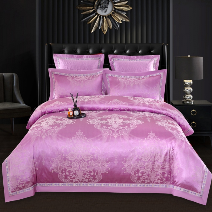 91家纺网 家纺一手货源 找家纺 OL家纺 新款色织欧式丝加棉大提花床裙夹棉四面围布四件套 国色芳华-雪青