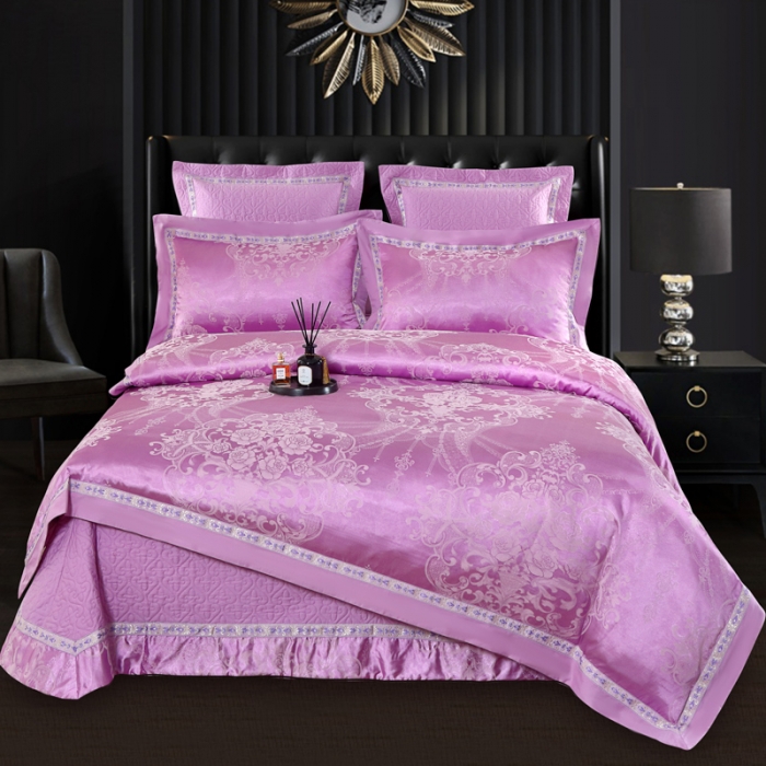 91家纺网 家纺一手货源 找家纺 OL家纺 新款色织欧式丝加棉大提花床裙夹棉四面围布四件套 国色芳华-雪青