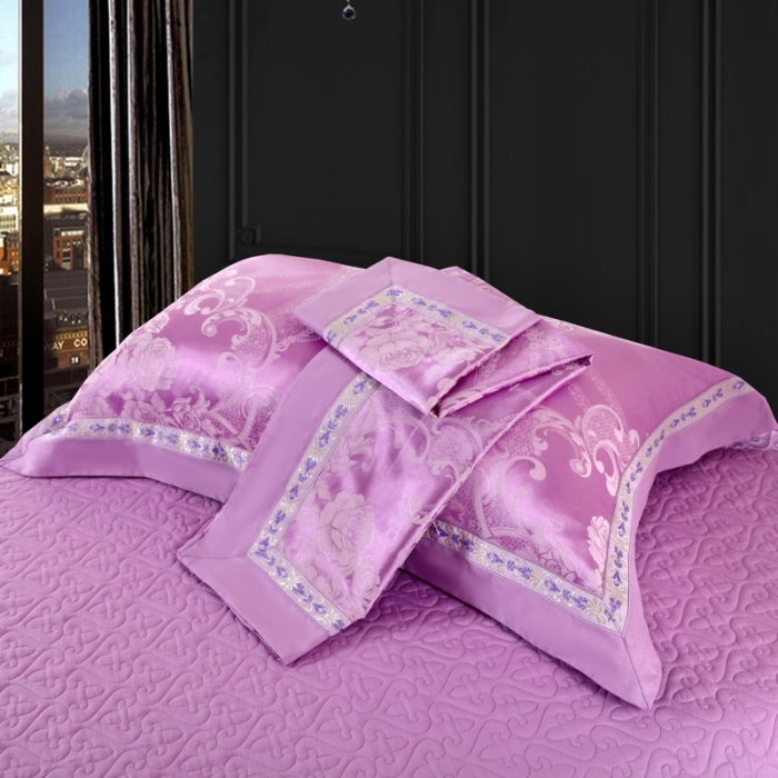 91家纺网 家纺一手货源 找家纺 OL家纺 新款色织欧式丝加棉大提花床裙夹棉四面围布四件套 国色芳华-雪青