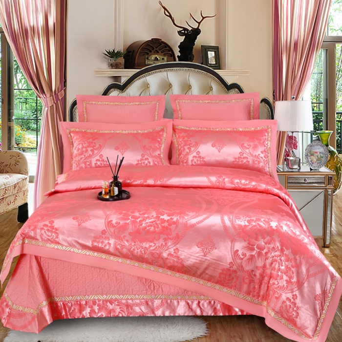 91家纺网 家纺一手货源 找家纺 OL家纺 新款色织欧式丝加棉大提花床裙夹棉四面围布四件套 花开富贵-橡皮红