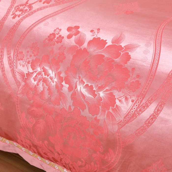 91家纺网 家纺一手货源 找家纺 OL家纺 新款色织欧式丝加棉大提花床裙夹棉四面围布四件套 花开富贵-橡皮红