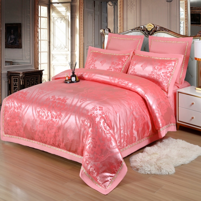 91家纺网 家纺一手货源 找家纺 OL家纺 新款色织欧式丝加棉大提花床裙夹棉四面围布四件套 花开富贵-橡皮红