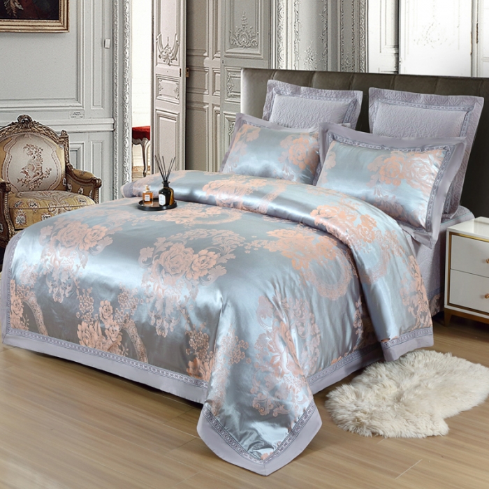 91家纺网 家纺一手货源 找家纺 OL家纺 新款色织欧式丝加棉大提花床裙夹棉四面围布四件套 花语寻梦-灰绿