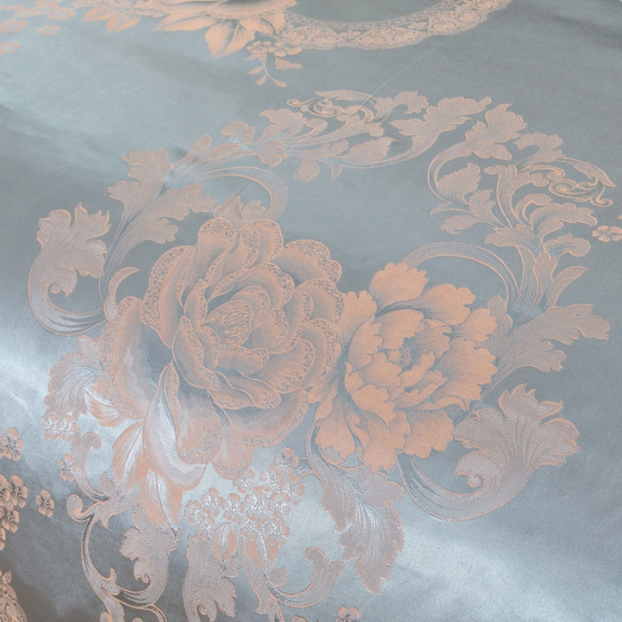 91家纺网 家纺一手货源 找家纺 OL家纺 新款色织欧式丝加棉大提花床裙夹棉四面围布四件套 花语寻梦-灰绿