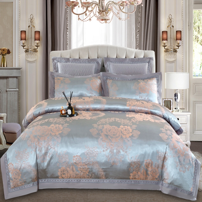 91家纺网 家纺一手货源 找家纺 OL家纺 新款色织欧式丝加棉大提花床裙夹棉四面围布四件套 花语寻梦-灰绿