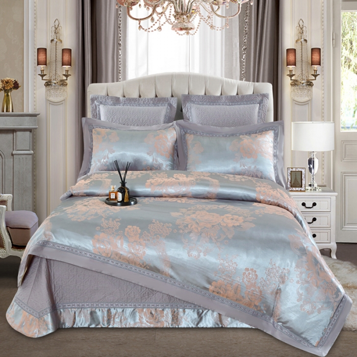 91家纺网 家纺一手货源 找家纺 OL家纺 新款色织欧式丝加棉大提花床裙夹棉四面围布四件套 花语寻梦-灰绿