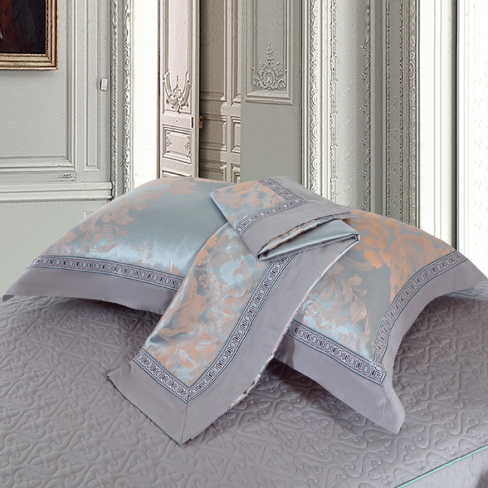 91家纺网 家纺一手货源 找家纺 OL家纺 新款色织欧式丝加棉大提花床裙夹棉四面围布四件套 花语寻梦-灰绿