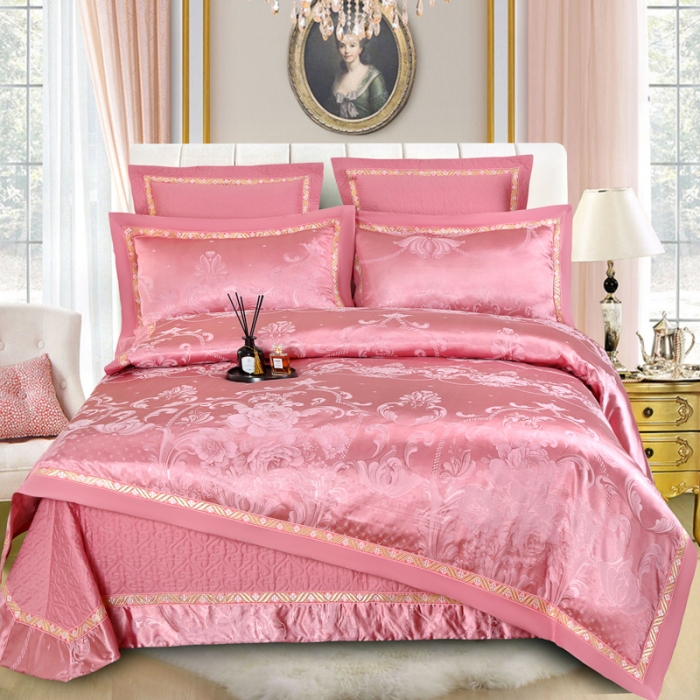 91家纺网 家纺一手货源 找家纺 OL家纺 新款色织欧式丝加棉大提花床裙夹棉四面围布四件套 华贵倾城-豆沙粉