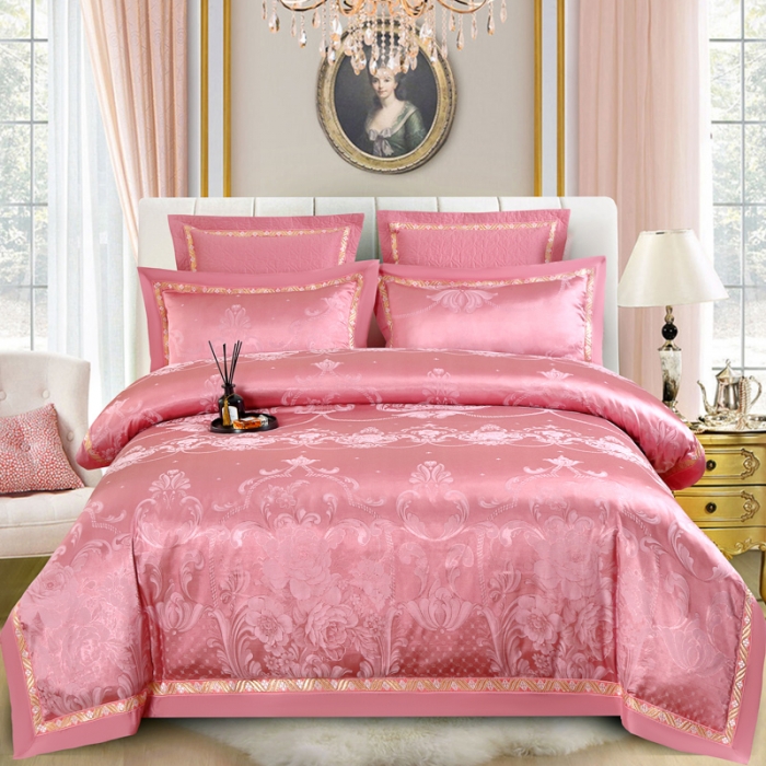 91家纺网 家纺一手货源 找家纺 OL家纺 新款色织欧式丝加棉大提花床裙夹棉四面围布四件套 华贵倾城-豆沙粉