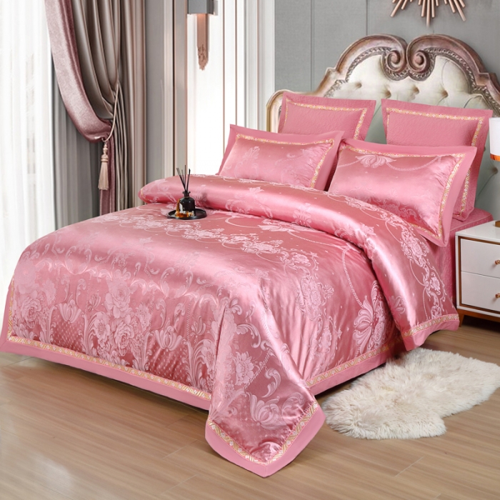 91家纺网 家纺一手货源 找家纺 OL家纺 新款色织欧式丝加棉大提花床裙夹棉四面围布四件套 华贵倾城-豆沙粉