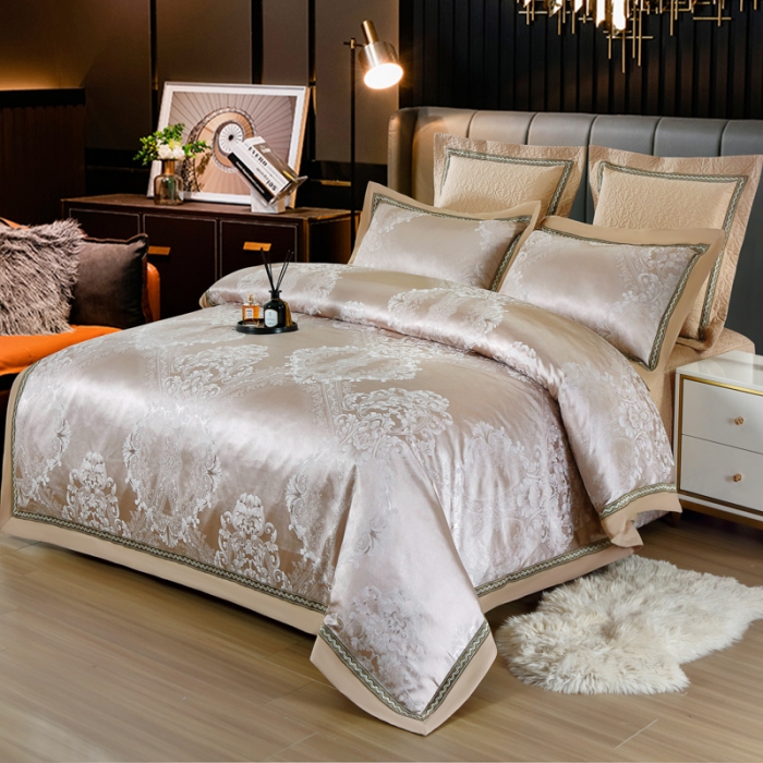 91家纺网 家纺一手货源 找家纺 OL家纺 新款色织欧式丝加棉大提花床裙夹棉四面围布四件套 杰西卡-灰驼