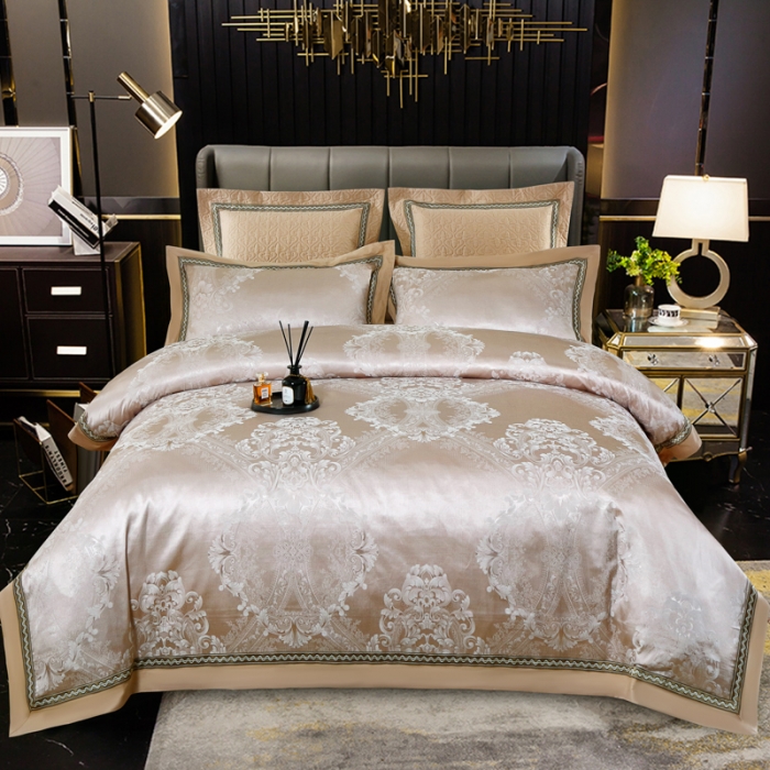 91家纺网 家纺一手货源 找家纺 OL家纺 新款色织欧式丝加棉大提花床裙夹棉四面围布四件套 杰西卡-灰驼