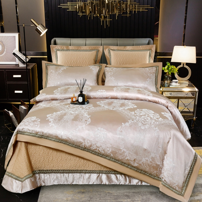 91家纺网 家纺一手货源 找家纺 OL家纺 新款色织欧式丝加棉大提花床裙夹棉四面围布四件套 杰西卡-灰驼