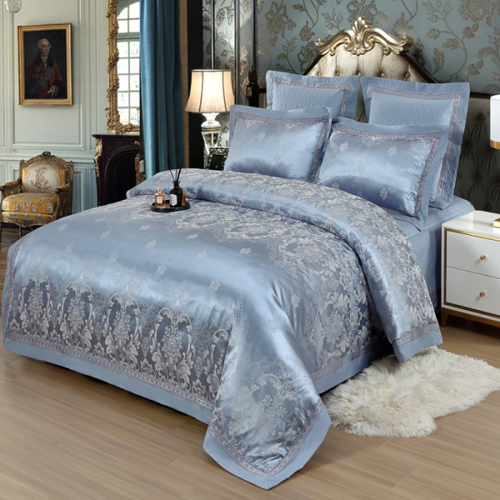 91家纺网 家纺一手货源 找家纺 OL家纺 新款色织欧式丝加棉大提花床裙夹棉四面围布四件套 卡洛琳-兰灰